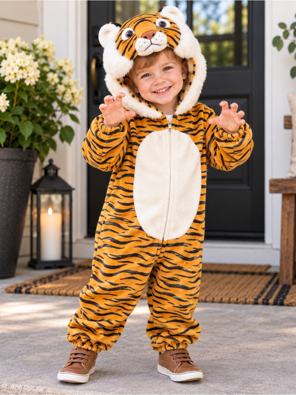 🐯 Kids Tiger Halloween Costume Plush Hooded One-Piece | Size 2-3